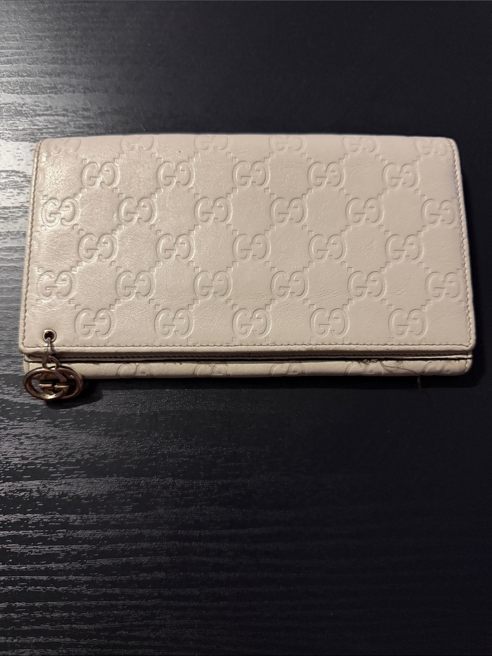 Gucci Cream Embossed GG Continental Wallet with Gold Charm